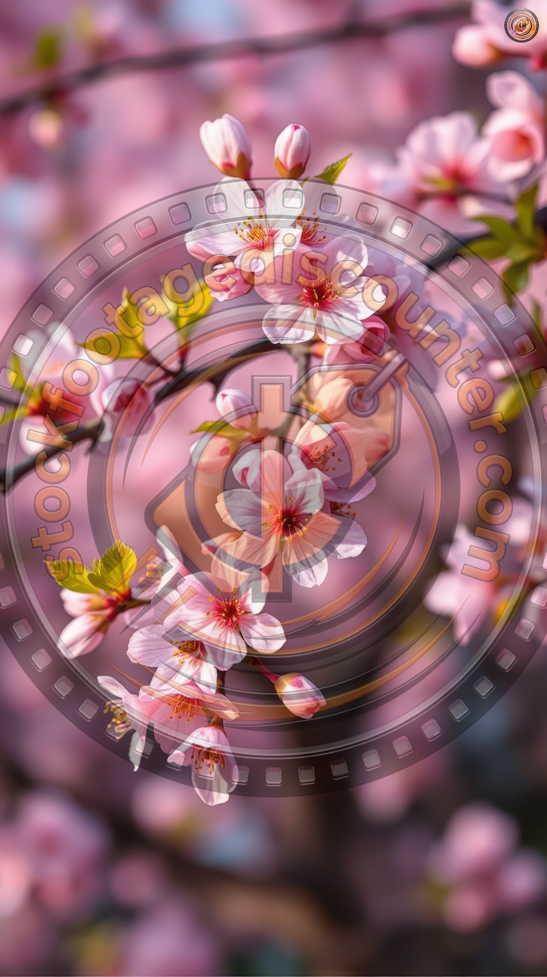 Pink cherry blossoms are in full bloom on a branch, creating a beautiful springtime scene