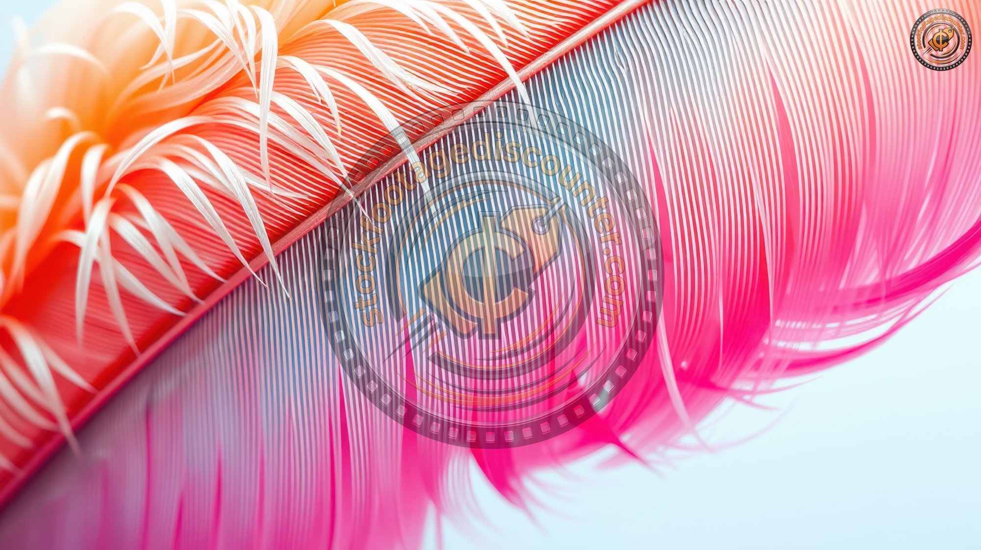 Vibrant pink and orange feather displays intricate details against a soft background