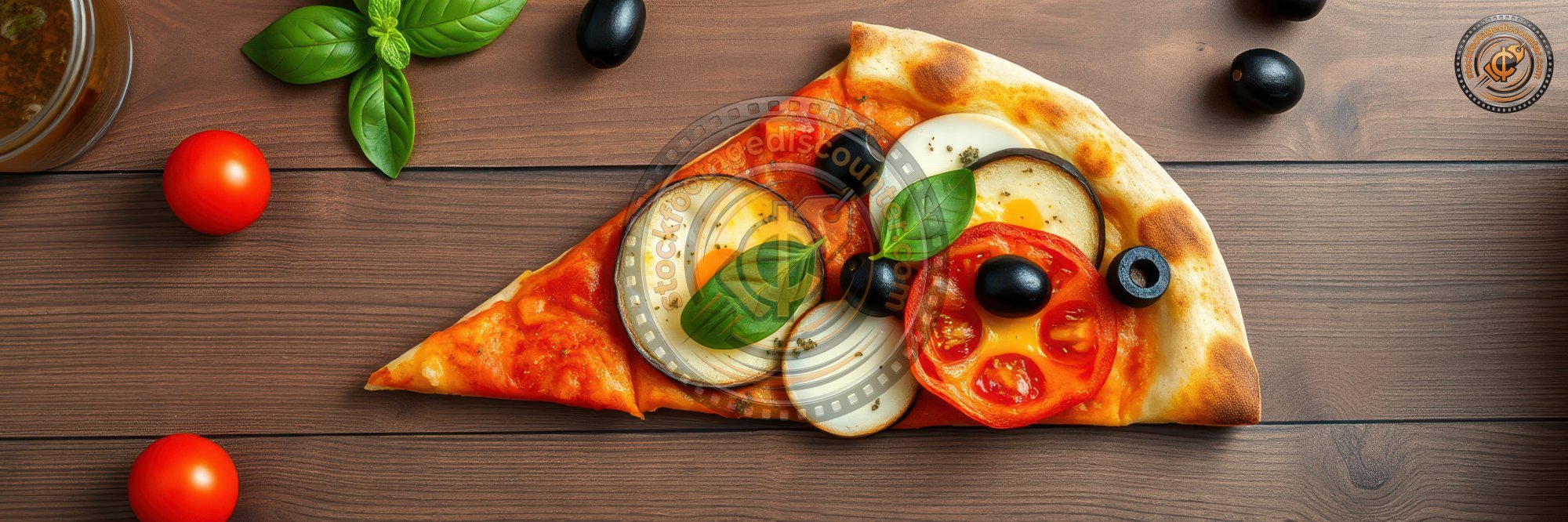 A slice of pizza with eggplant, tomato, basil, and olives sits on a wooden table