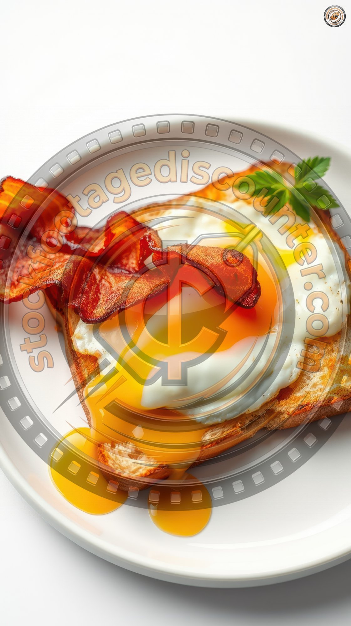 Delicious breakfast of toast topped with fried egg and crispy bacon with a garnish of fresh herb