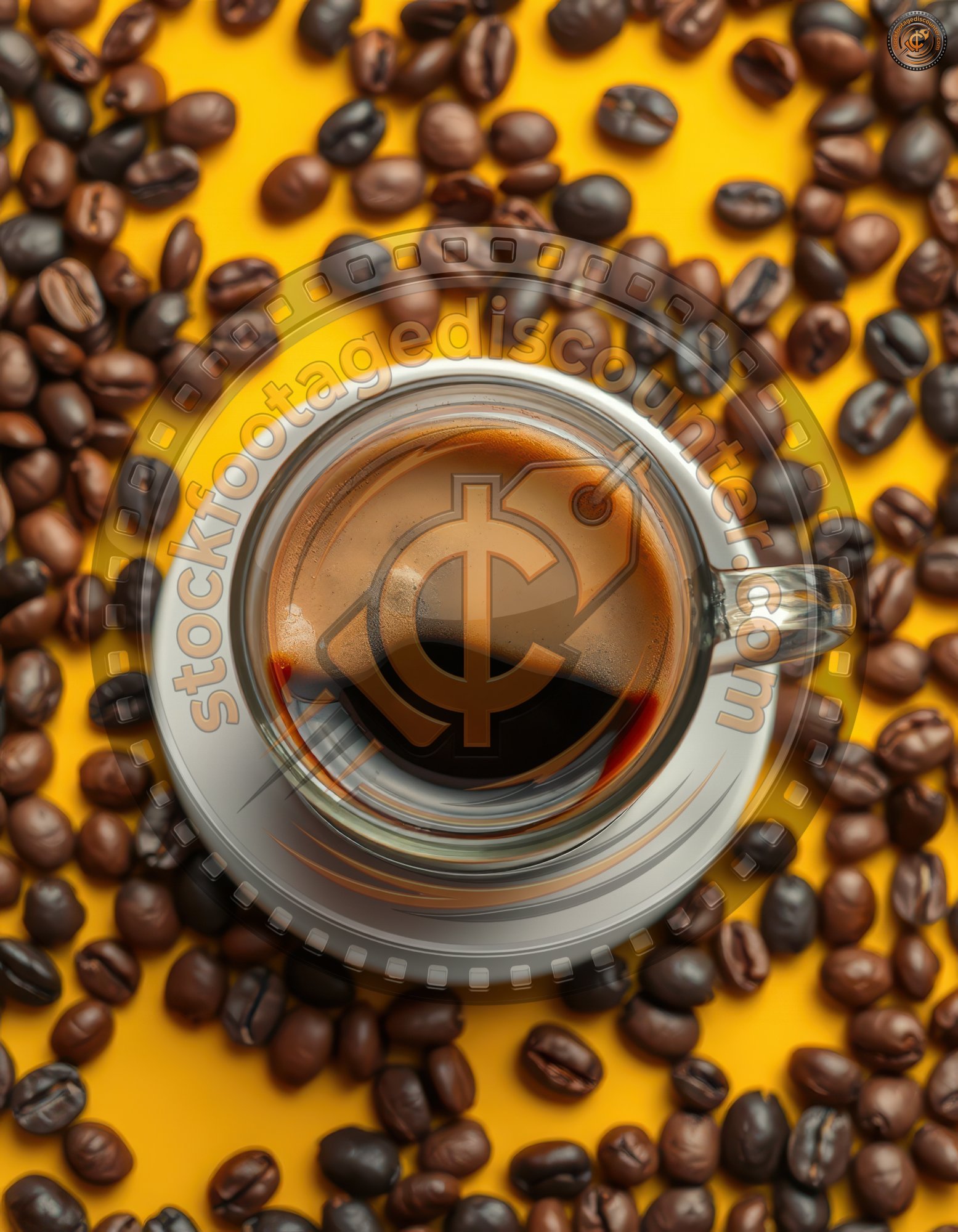 Freshly brewed coffee in a glass cup with roasted beans on a bright background