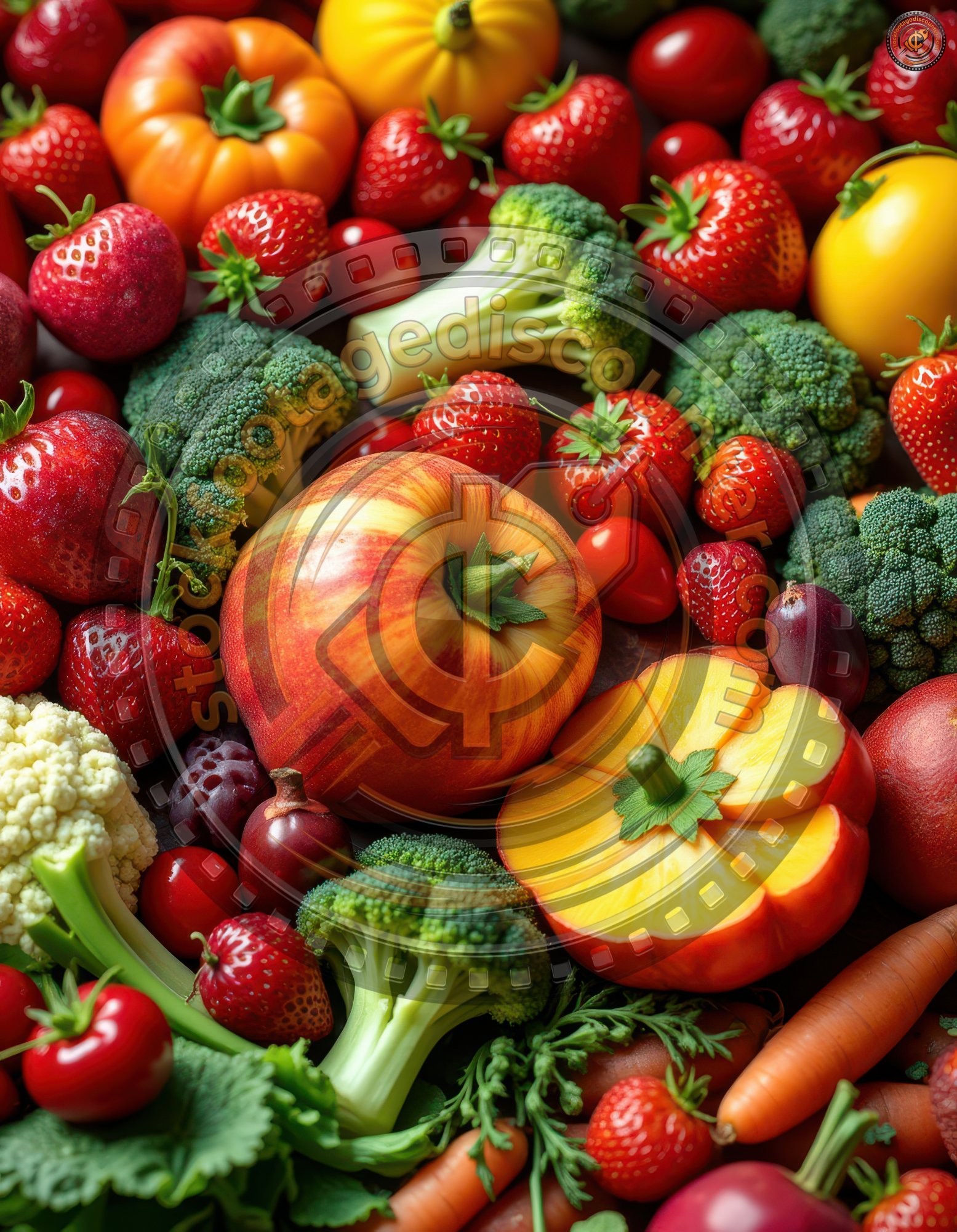 A close-up of fresh, colorful fruits and vegetables, including strawberries, apples, broccoli, and carrots