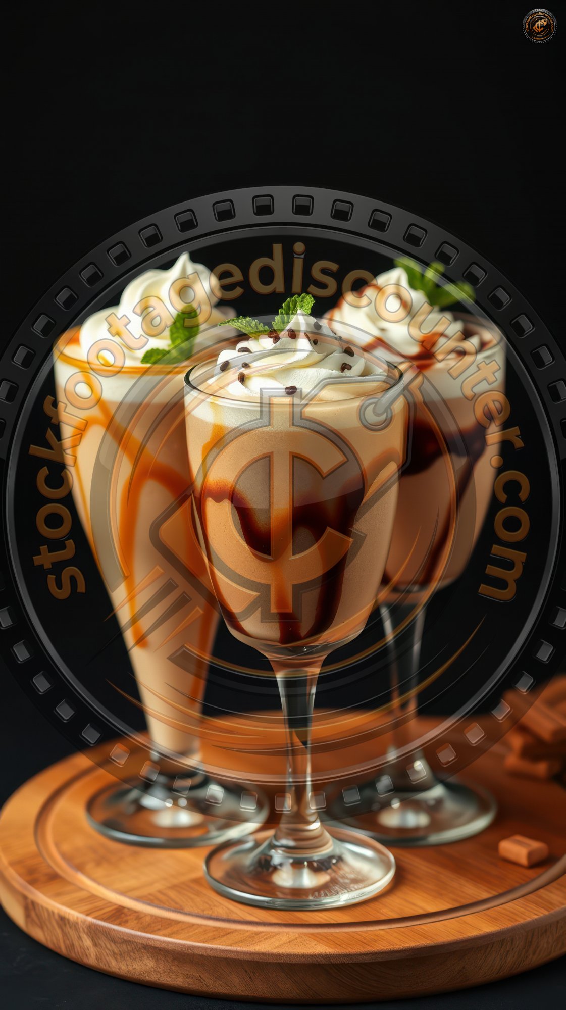 Creamy coffee desserts served in elegant glasses with chocolate drizzle and mint garnish on a wooden platter