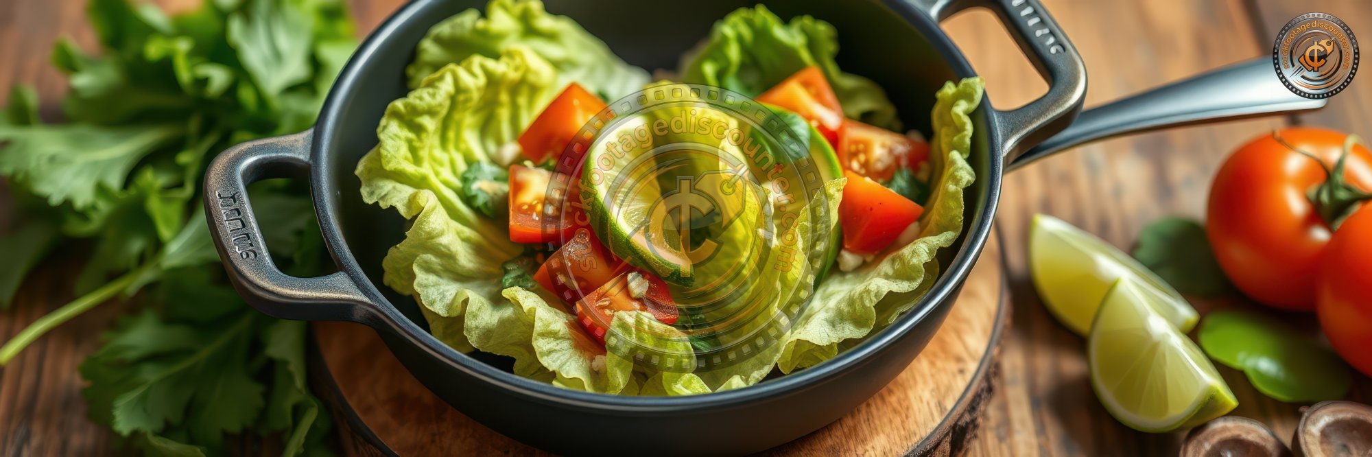 A fresh salad of lettuce, tomato, and lime wedges in a black skillet, ready to be enjoyed on a warm summer day