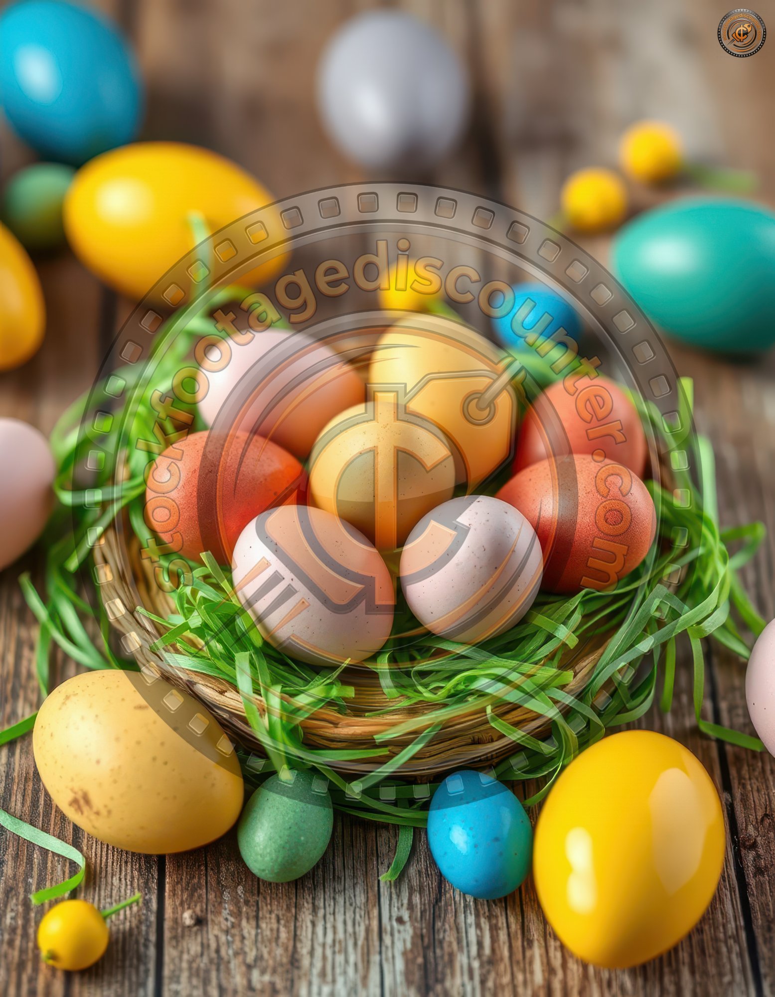 Colorful Easter eggs arranged in a decorative basket surrounded by green grass on a rustic wooden surface