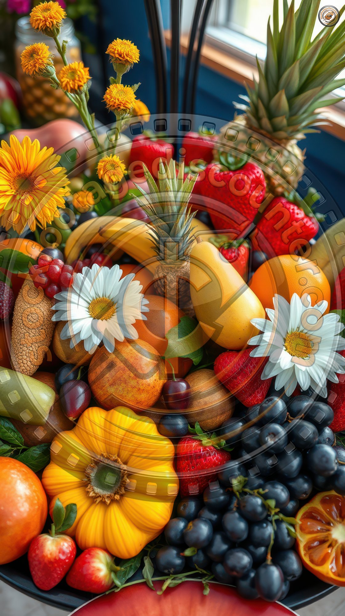 A close-up shot of a colorful fruit arrangement with a yellow squash in the center