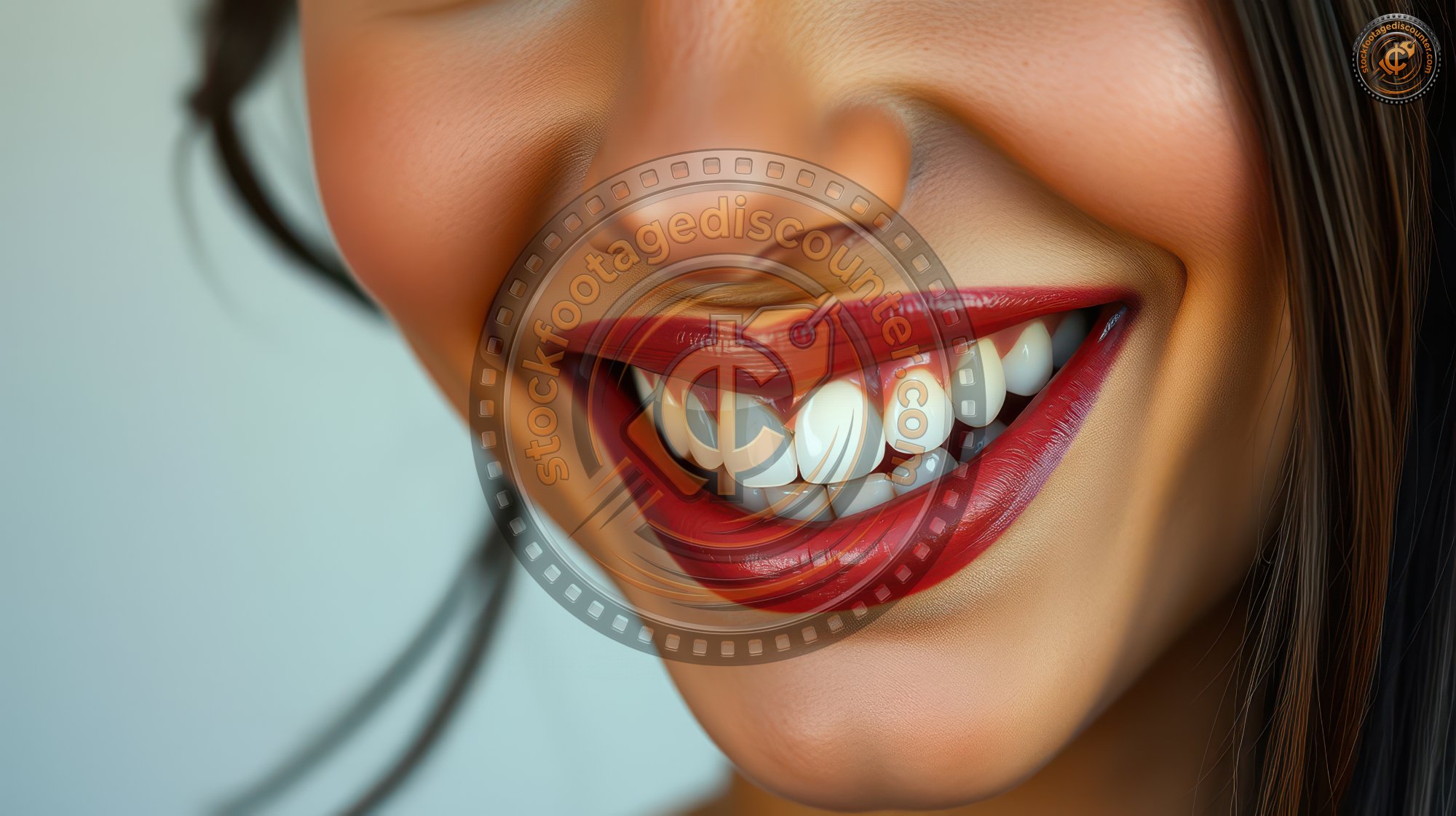 A close-up shot of a woman's smile, showcasing her bright white teeth and red lipstick