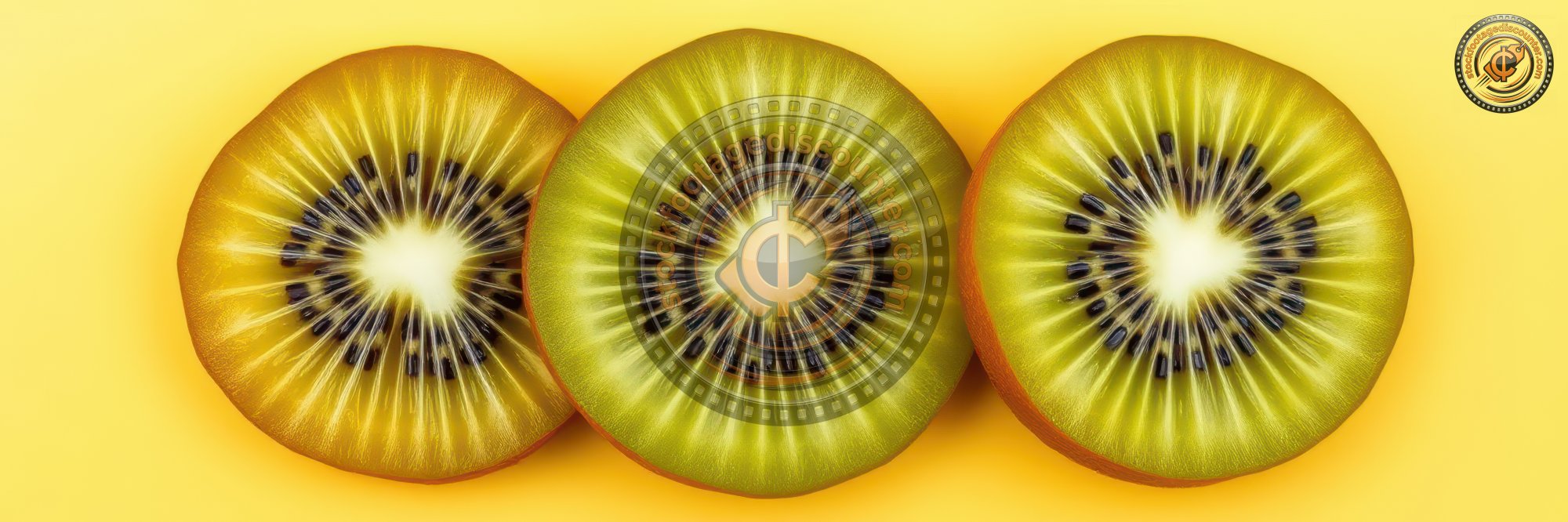 Freshly sliced kiwi fruit arranged on a bright yellow background showcasing vibrant colors and unique textures