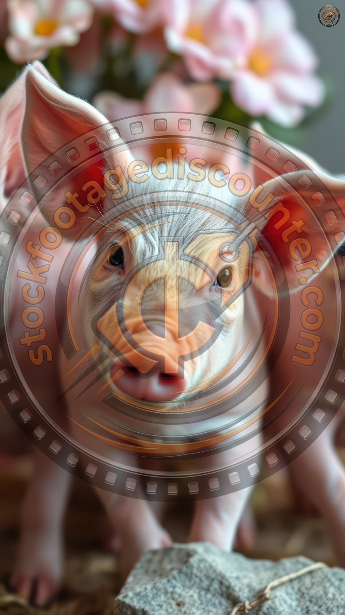 A piglet with large ears looks directly at the camera, with a rock in the foreground and pink flowers in the background