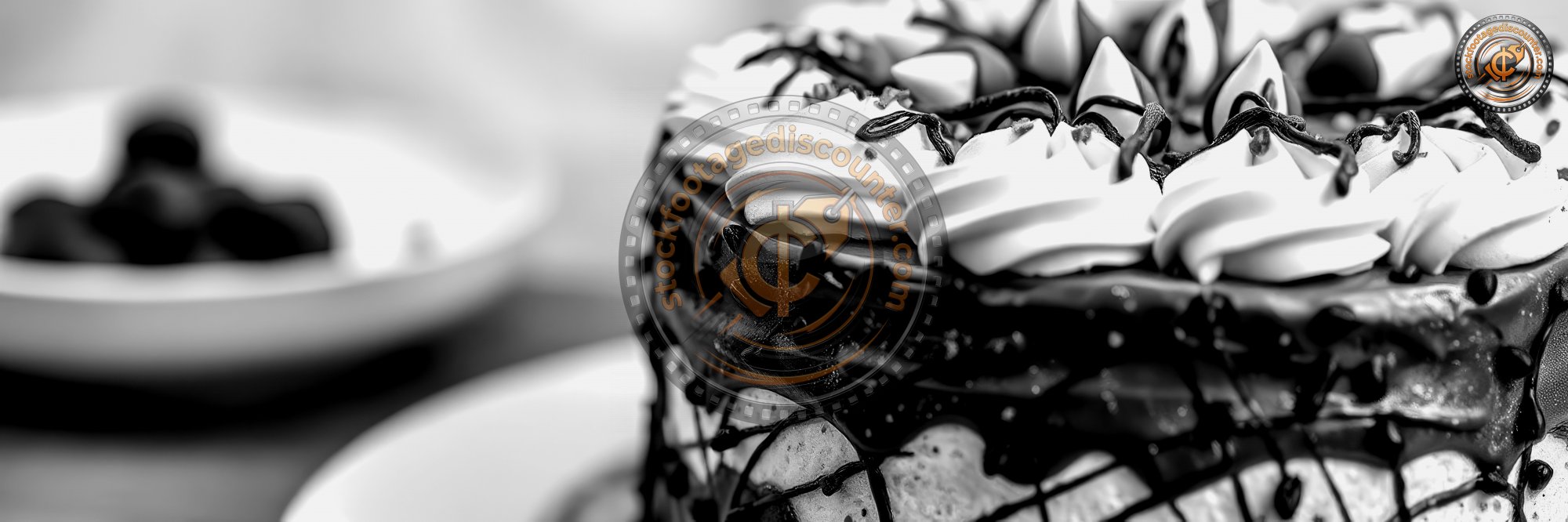 C h o c o l a t e   c a k e   a d o r n e d   w i t h   w h i p p e d   c r e a m   a n d   c h o c o l a t e   s p r i n k l e s   o n   d i s p l a y   a t   a   c o z y   b a k e r y