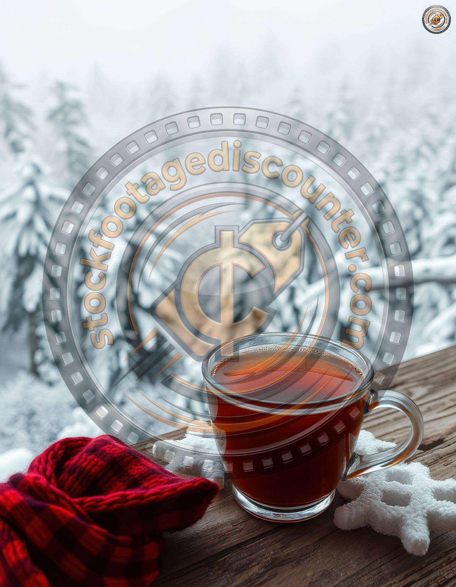 Warm drink on a wooden table overlooking a snowy forest in winter