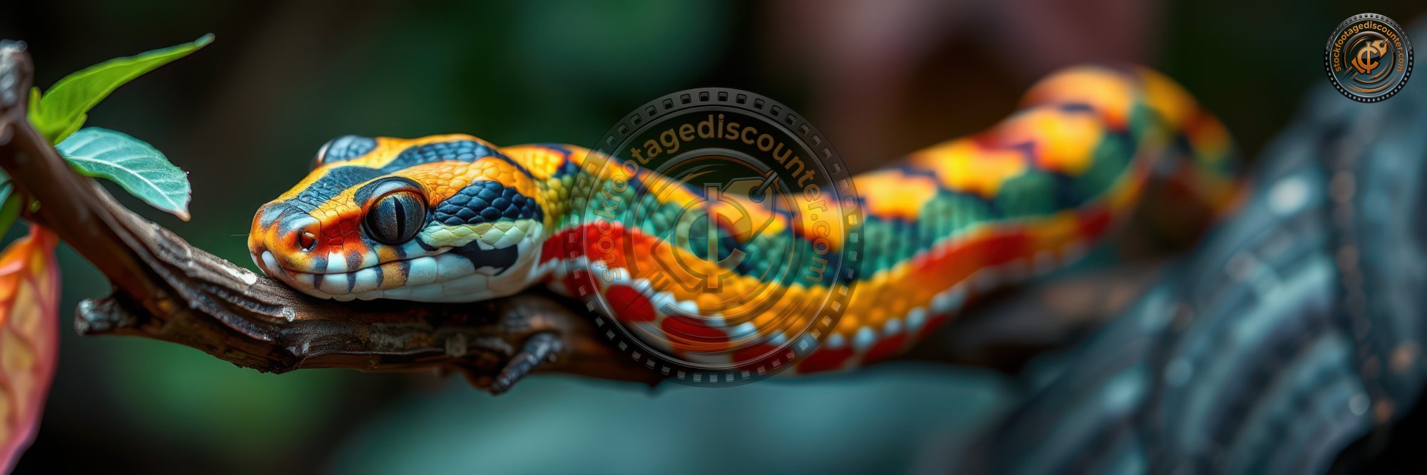 Colorful snake resting on a branch in a lush green environment during daylight hours