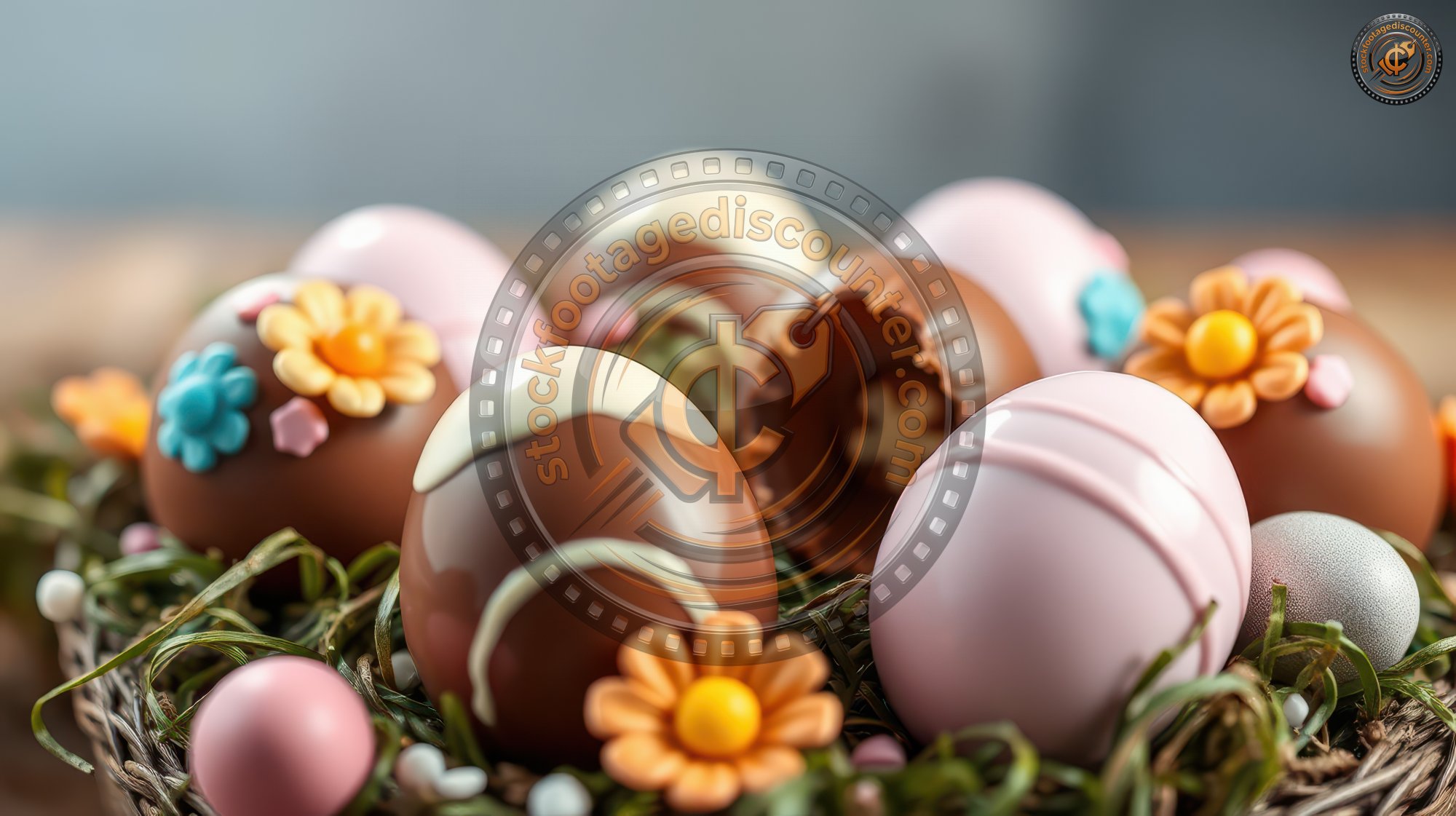 Colorful chocolate Easter eggs arranged in a decorative nest with flowers and pastel decorations for spring celebration