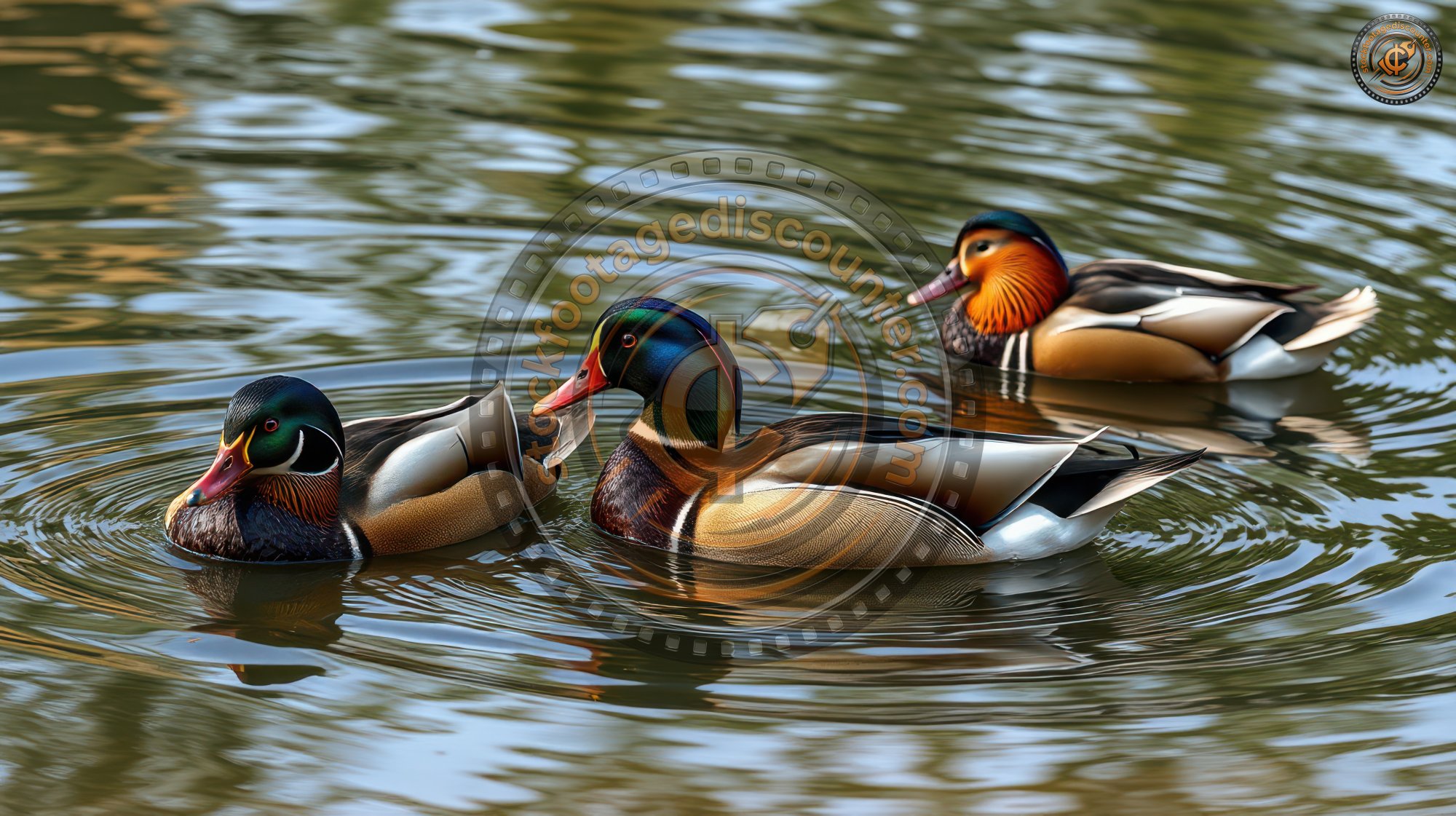 Colorful wood ducks swim gracefully on a serene pond surrounded by soft ripples at sunset