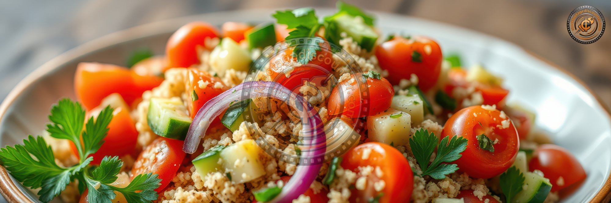 Fresh salad with cherry tomatoes, herbs, and bulgur served in a rustic bowl