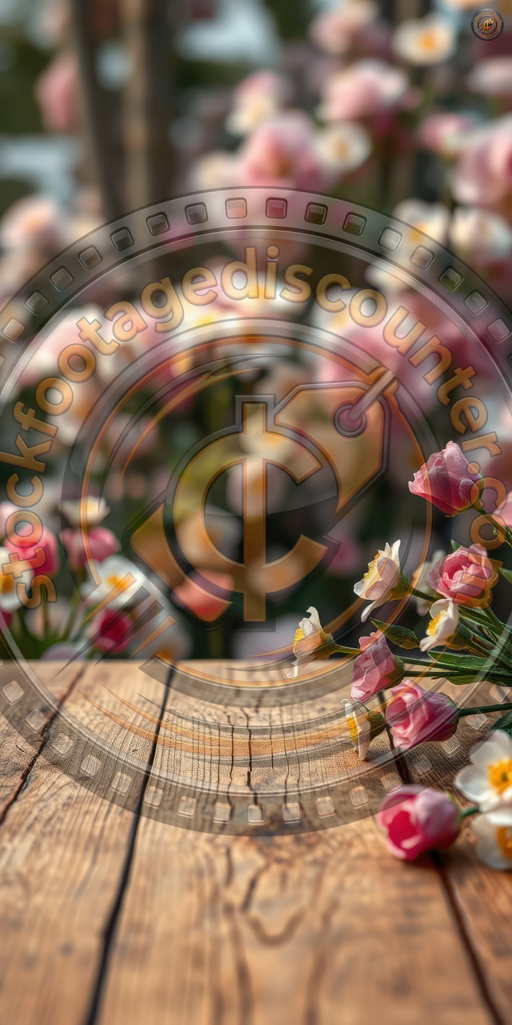 Colorful flowers in sunlight on a rustic wooden table in a serene garden setting during springtime