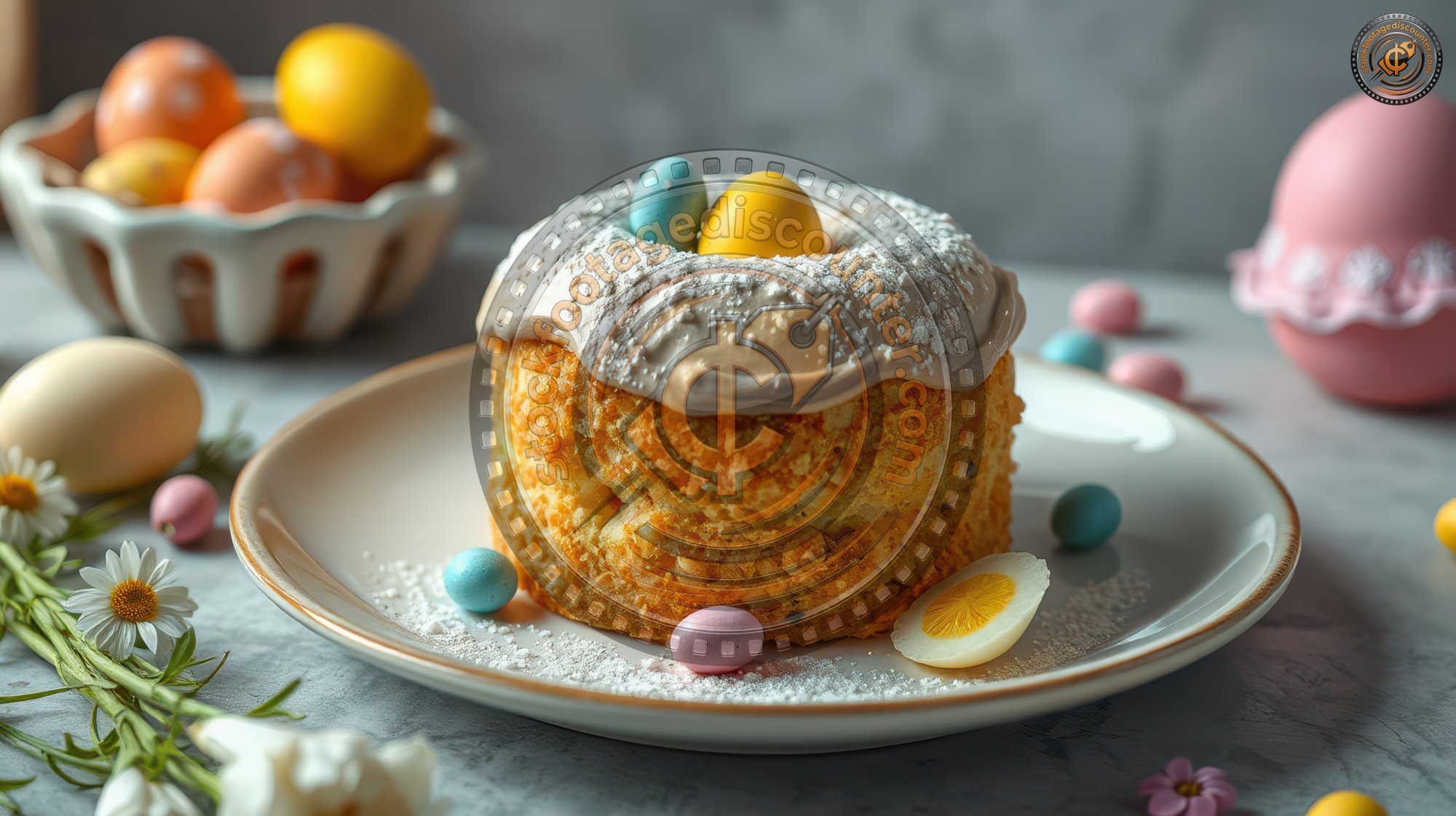Festive spring dessert featuring decorations and colorful eggs for a holiday celebration