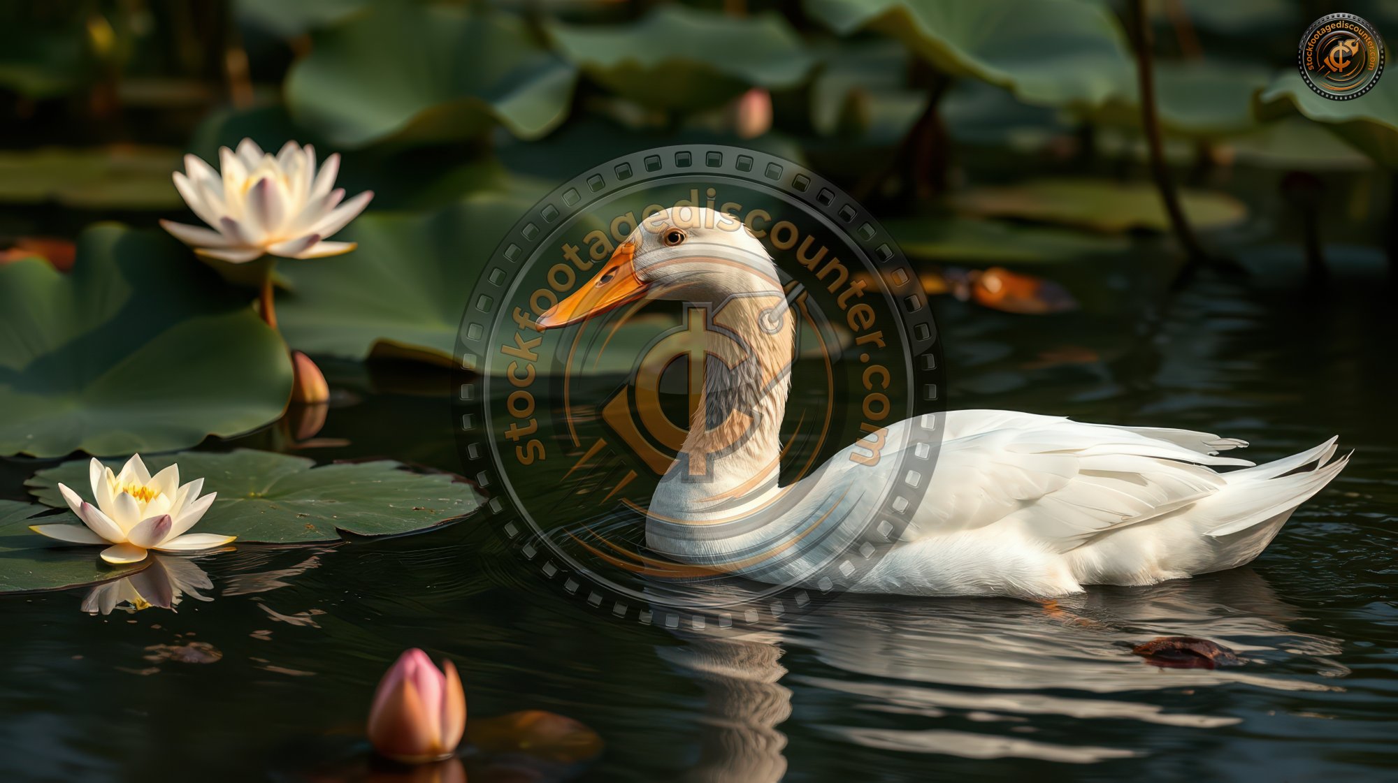 White duck glides gracefully among water lilies in a serene pond during early morning light