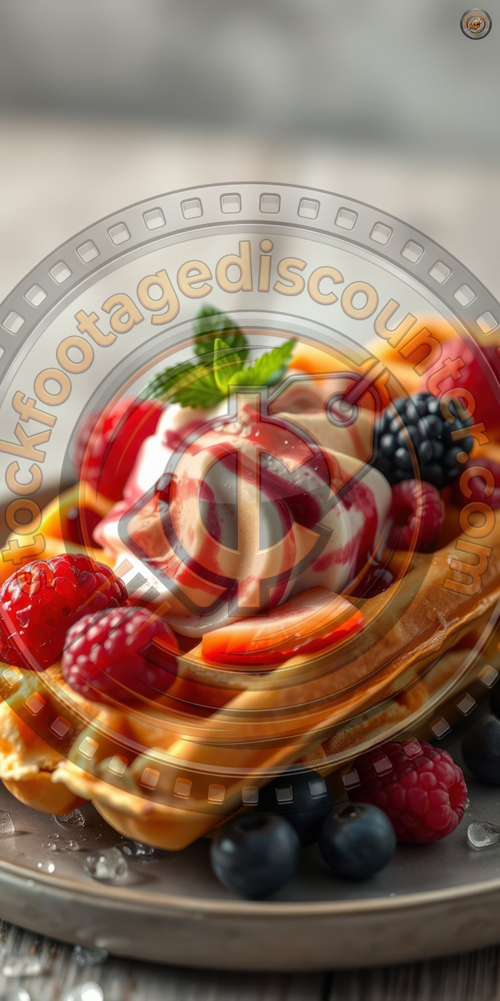 Delightful dessert featuring waffles topped with berries and whipped cream served on a rustic wooden table