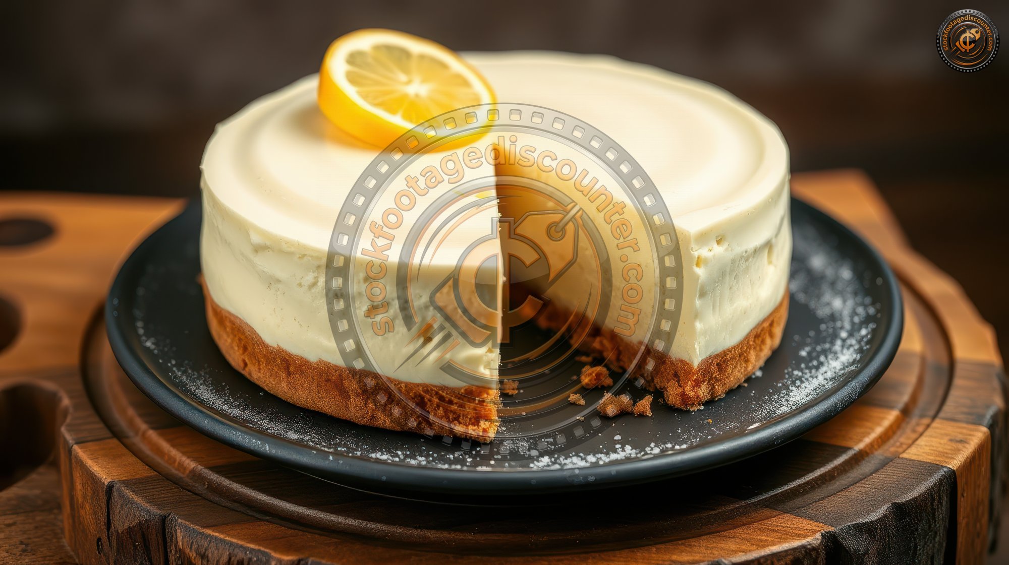 Delicious lemon cheesecake on a wooden serving platter with a slice cut out, served in a cozy setting