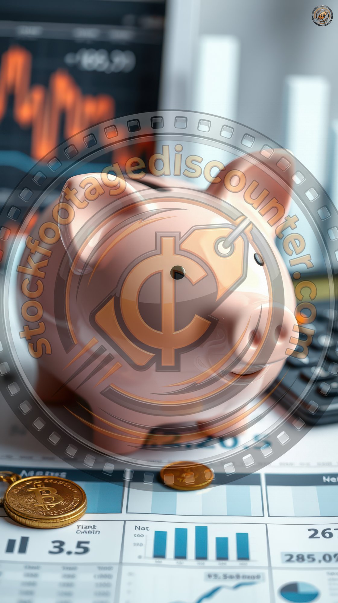 Savings strategy presented with a piggy bank next to a calculator and cryptocurrency