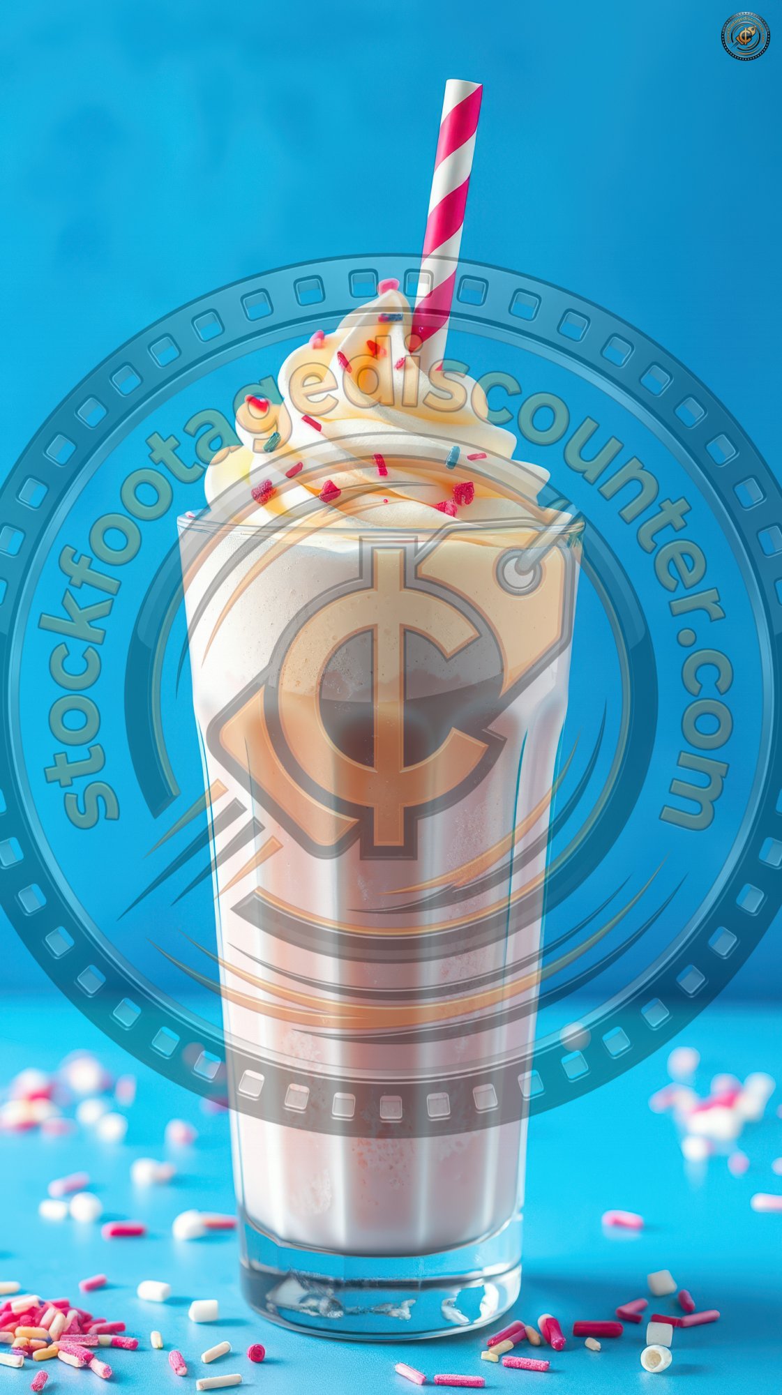 Creamy milkshake topped with whipped cream and colorful sprinkles served in a tall glass against a bright blue background
