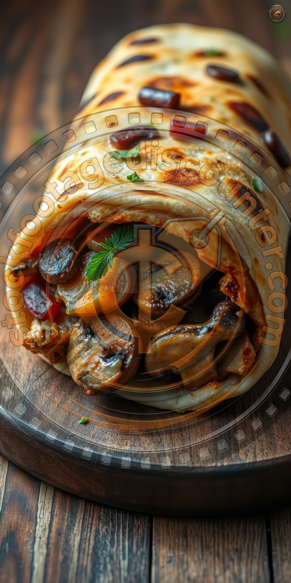 Deliciously stuffed flatbread with mushrooms and spices on a wooden platter