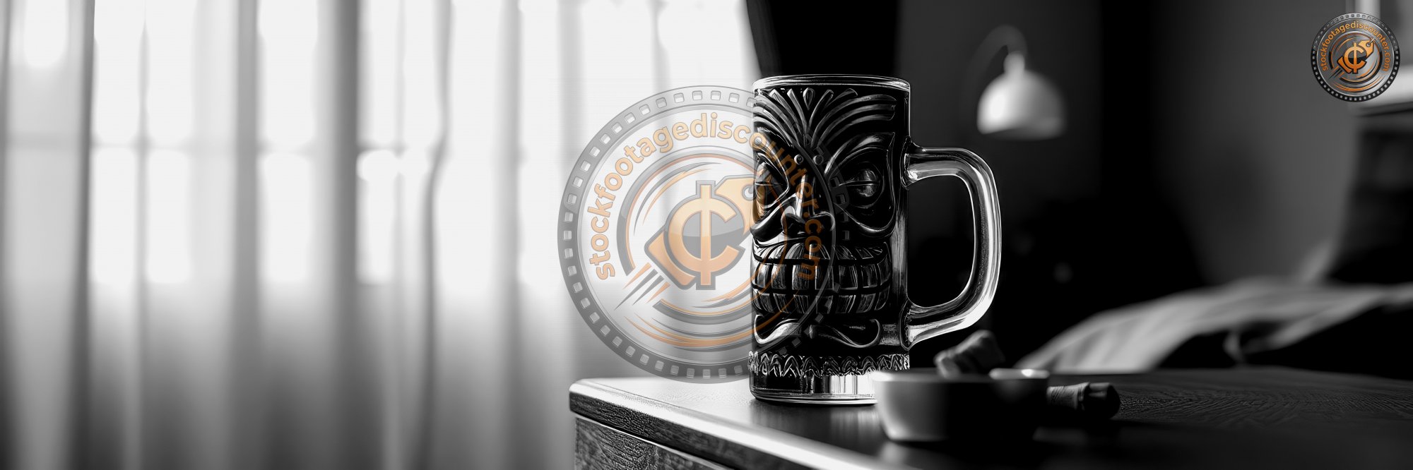 T i k i   m u g   o n   a   w o o d e n   t a b l e   n e a r   a   w i n d o w   w i t h   w a r m   s u n l i g h t   f i l t e r i n g   t h r o u g h   s h e e r   c u r t a i n s