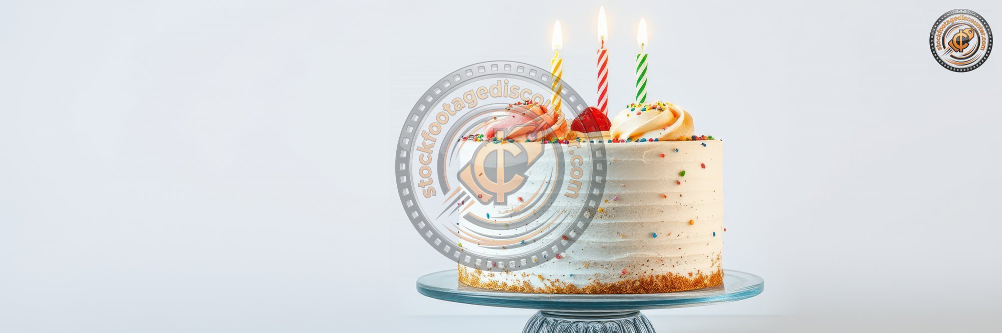 Birthday cake with colorful candles and decorations on a glass stand set against a minimalist backdrop