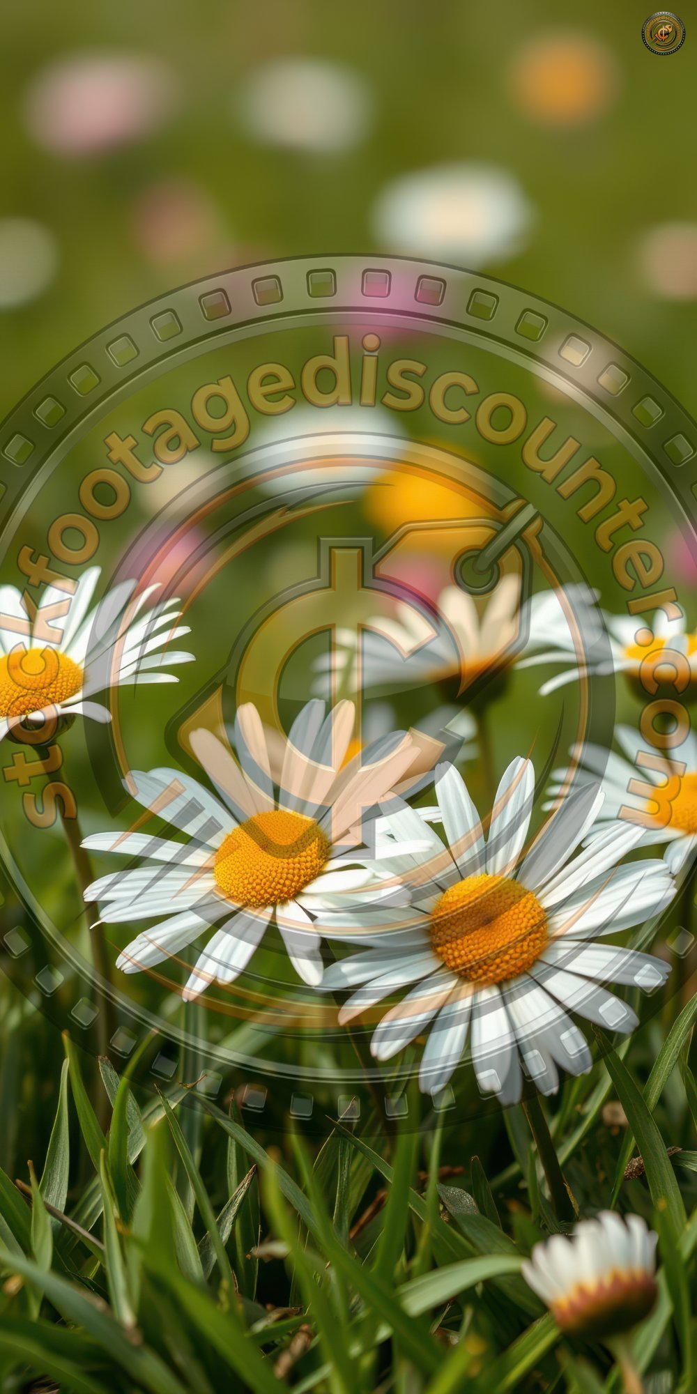 Beautiful close-up of white daisies blooming in a vibrant spring meadow filled with colorful wildflowers