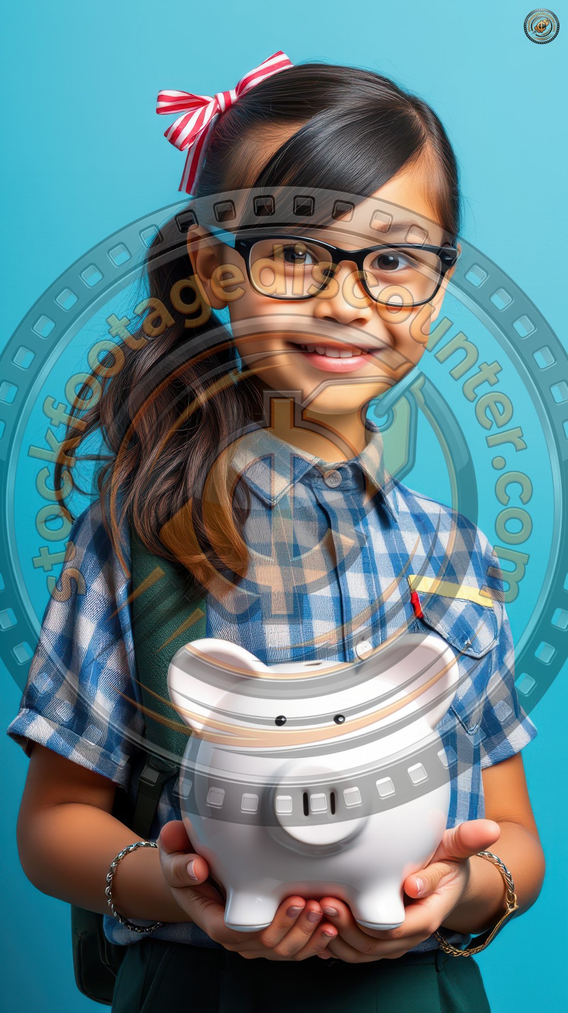 Young girl with glasses smiling while holding a piggy bank against a bright blue background