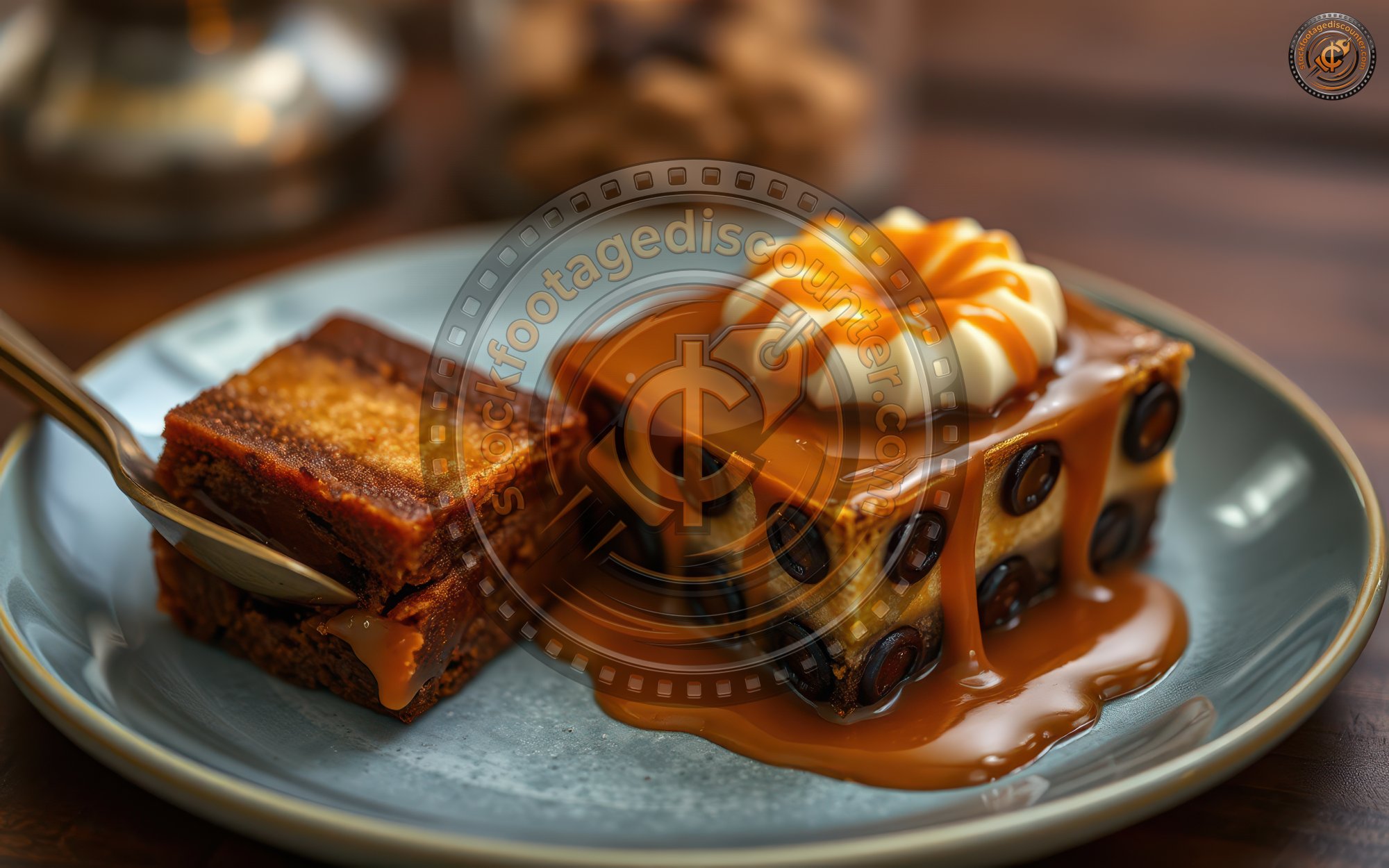 A close-up of a delicious dessert on a blue plate, featuring a brownie with caramel and a coffee cake with caramel and whipped cream