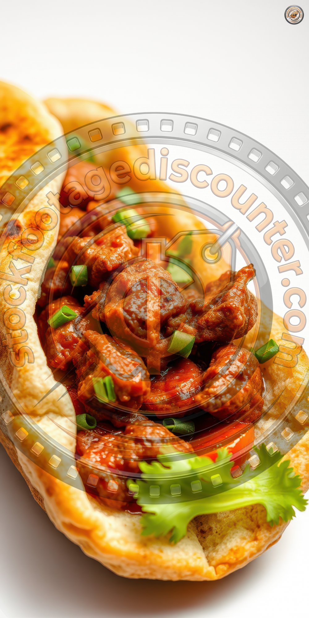 Savory meat filling in a warm flatbread garnished with fresh herbs and vegetables served on a white background