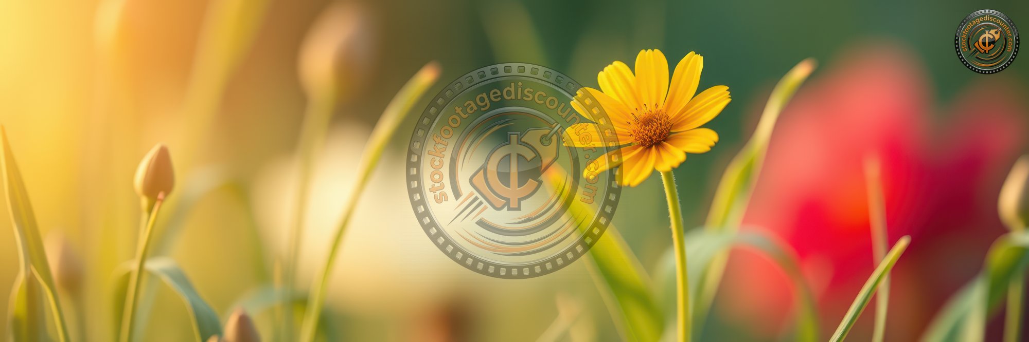 Bright yellow flower stands out among greenery and soft blooms during a sunny afternoon in springtime