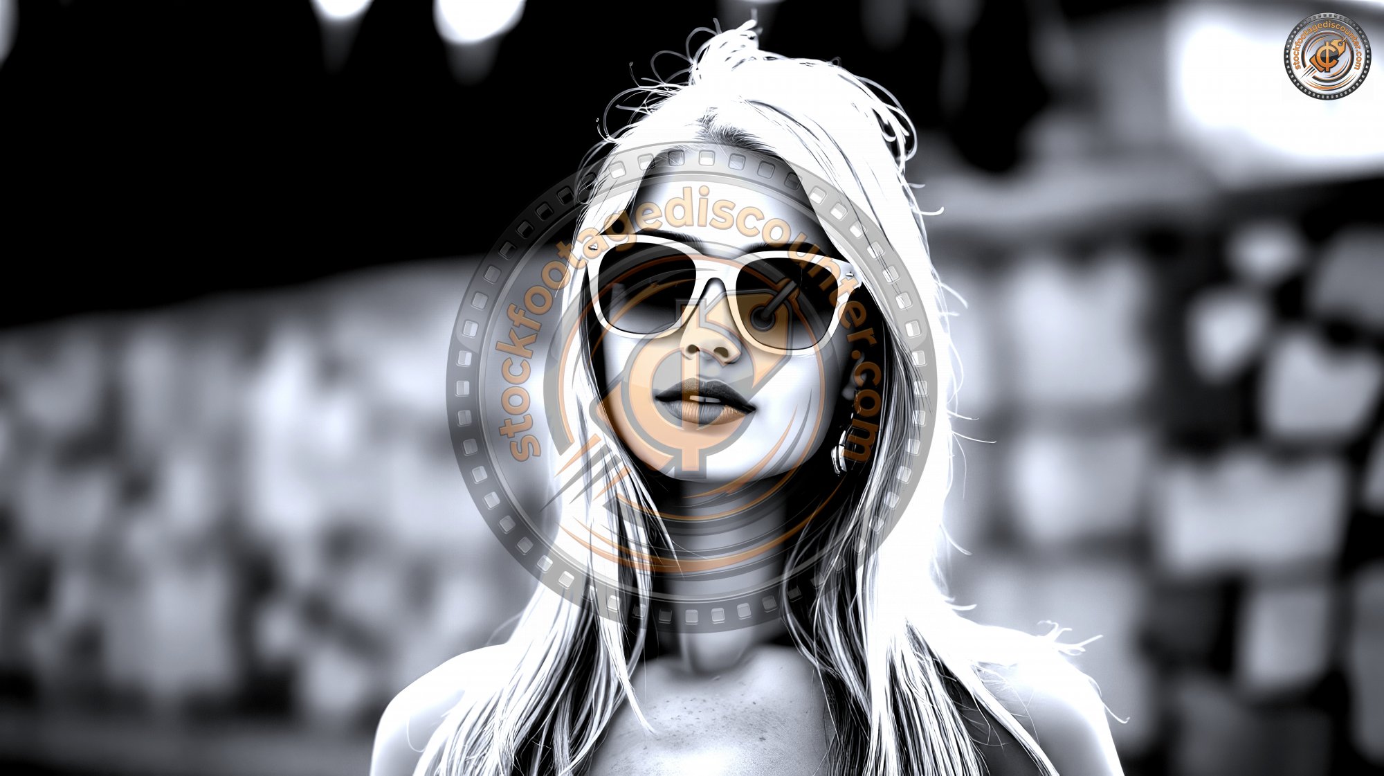 A   w o m a n   w i t h   l o n g   b l o n d e   h a i r   w e a r s   y e l l o w   s u n g l a s s e s   w h i l e   s t a n d i n g   i n   f r o n t   o f   a   b l u e   b r i c k   w a l l