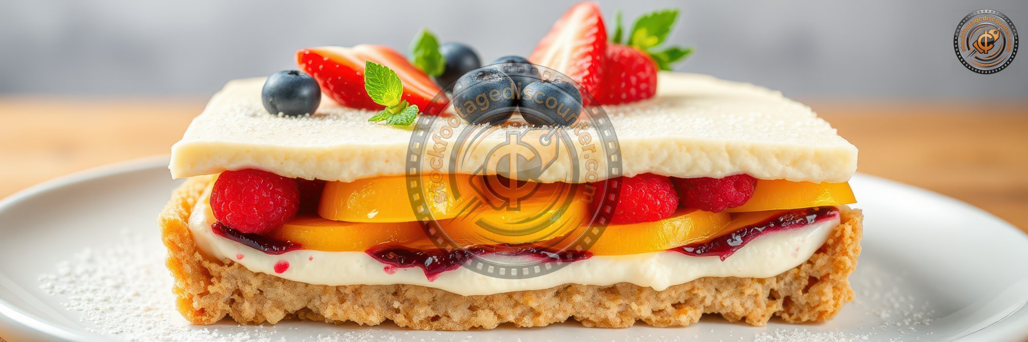 Delicious layered dessert with fresh fruits served on a white plate