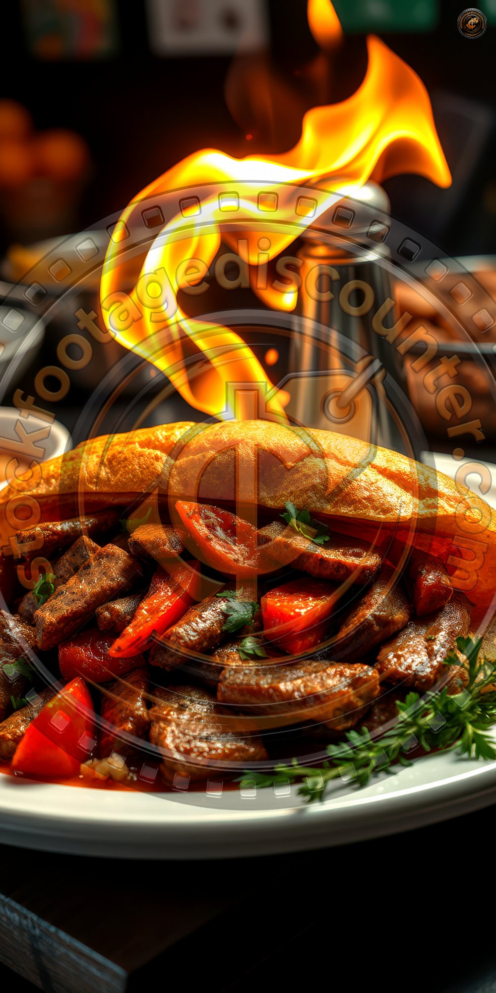 S i z z l i n g   d i s h   o f   g r i l l e d   m e a t   a n d   v e g e t a b l e s   s e r v e d   w i t h   f l a m e s   a n d   g a r n i s h e d   w i t h   h e r b s