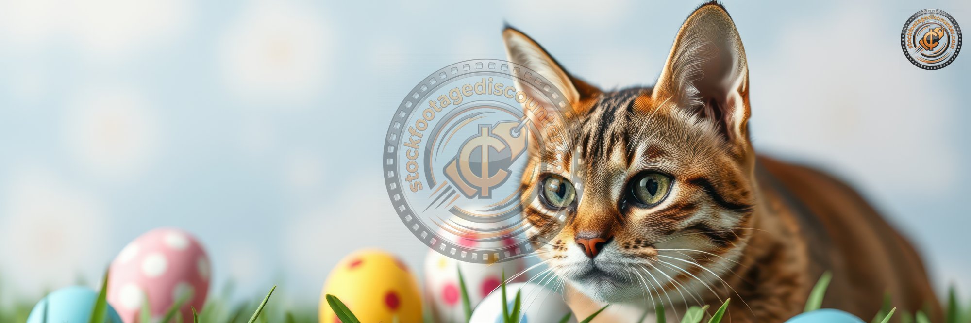 Playful cat exploring colorful Easter eggs in a grassy field on a sunny spring day