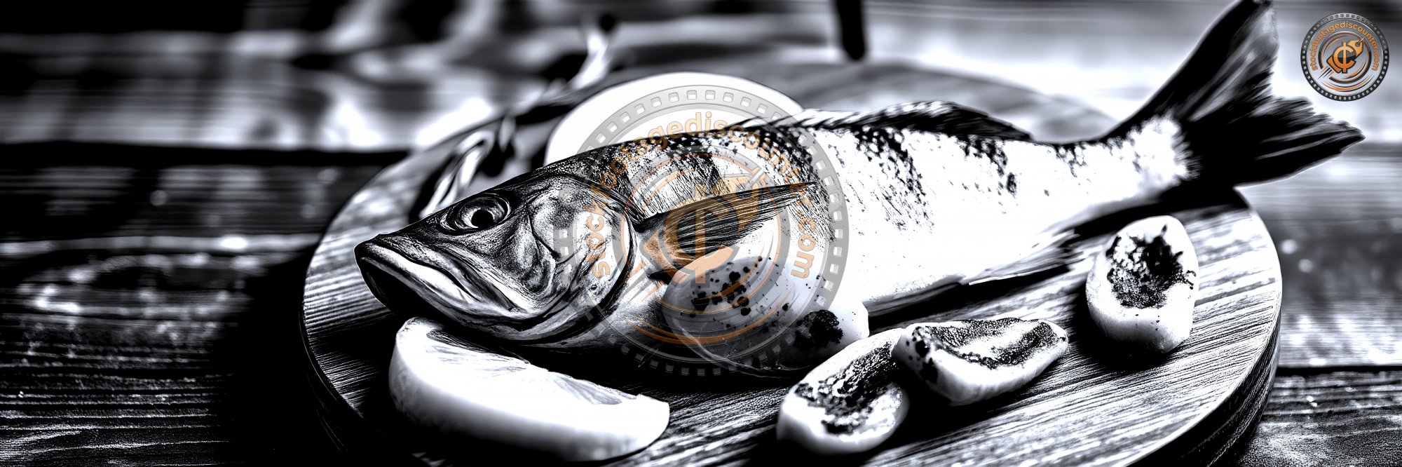 A   f r e s h   f i s h   o n   a   w o o d e n   b o a r d   w i t h   l e m o n   s l i c e s   a n d   a p r i c o t s