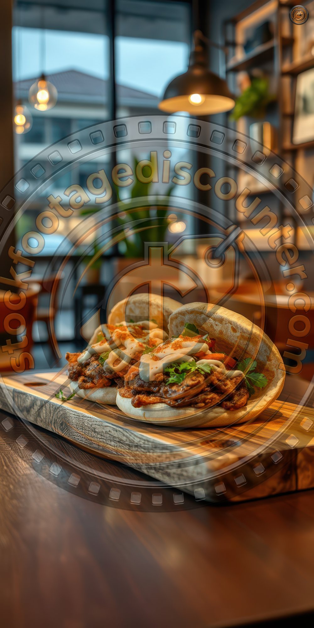 Delicious sandwiches served on a wooden platter in a cozy cafe setting with modern decor