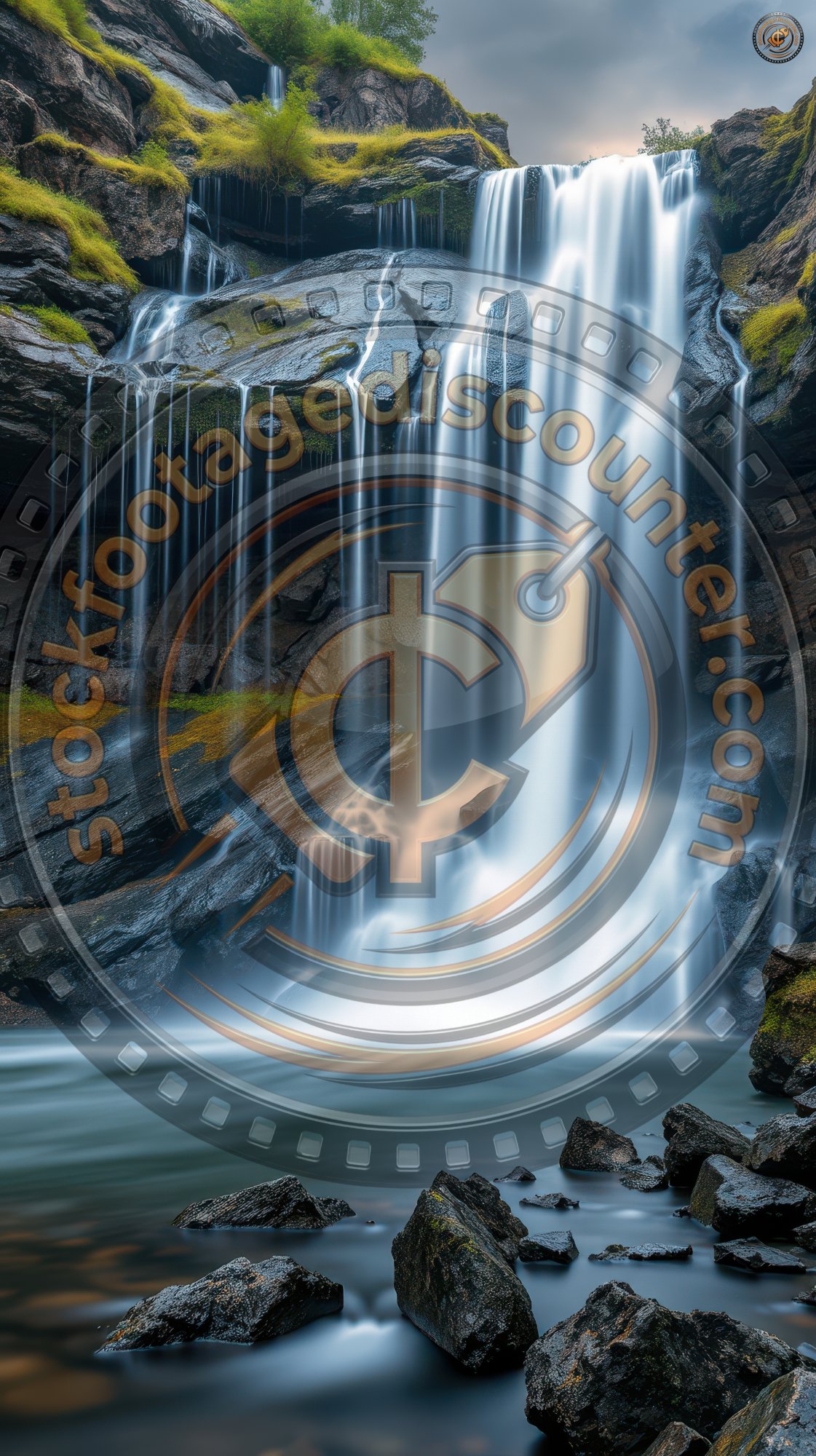 A majestic waterfall cascades down moss-covered rocks, creating a serene and picturesque scene