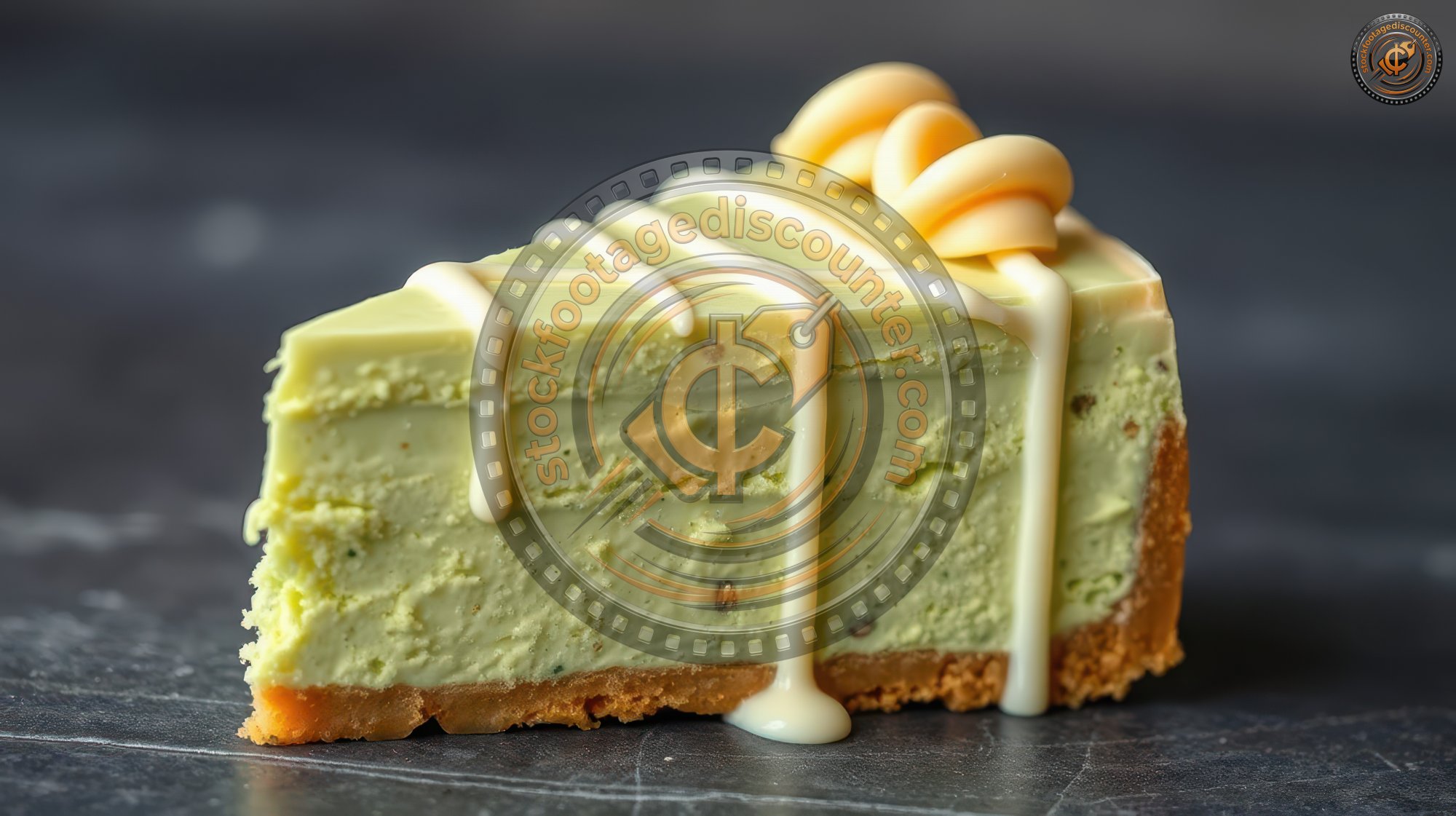 Creamy avocado cheesecake slice with vanilla drizzle on a dark surface at a dessert display