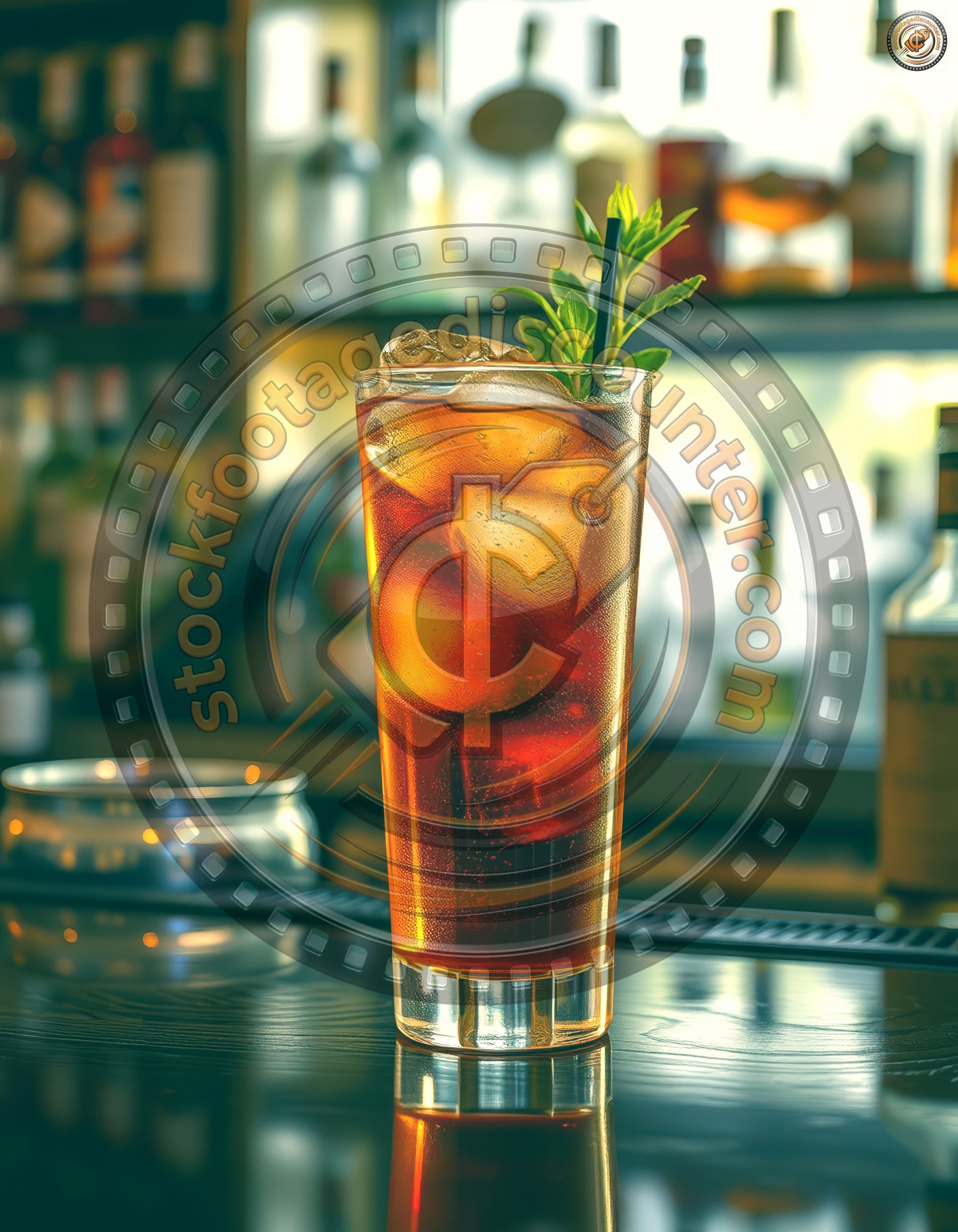 A   t a l l   g l a s s   o f   i c e d   t e a   w i t h   a   s p r i g   o f   m i n t   s i t s   o n   t h e   b a r   c o u n t e r   a t   a   l o c a l   p u b