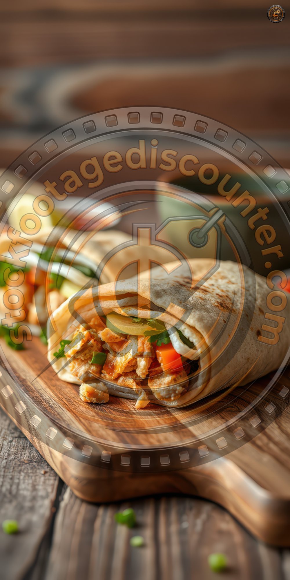 Delicious chicken wraps with fresh vegetables served on a wooden cutting board