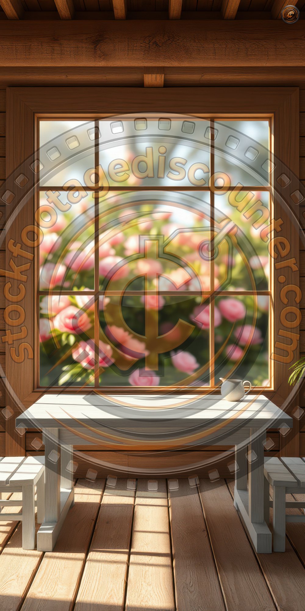 Bright sunlight filters through a wooden window, revealing a cozy table and adjoining garden filled with pink roses