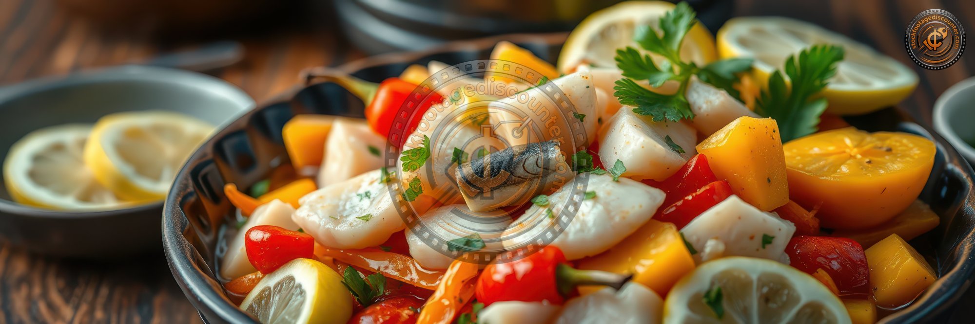 A close-up of a colorful salad with diced fish, red and yellow peppers, and lemon slices