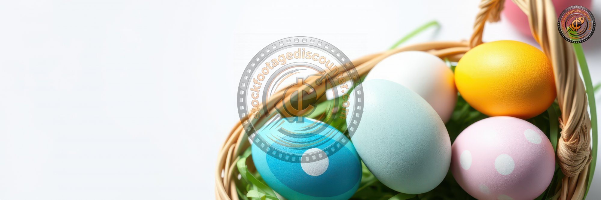 Colorful Easter eggs in a woven basket surrounded by green grass and soft lighting for spring celebration