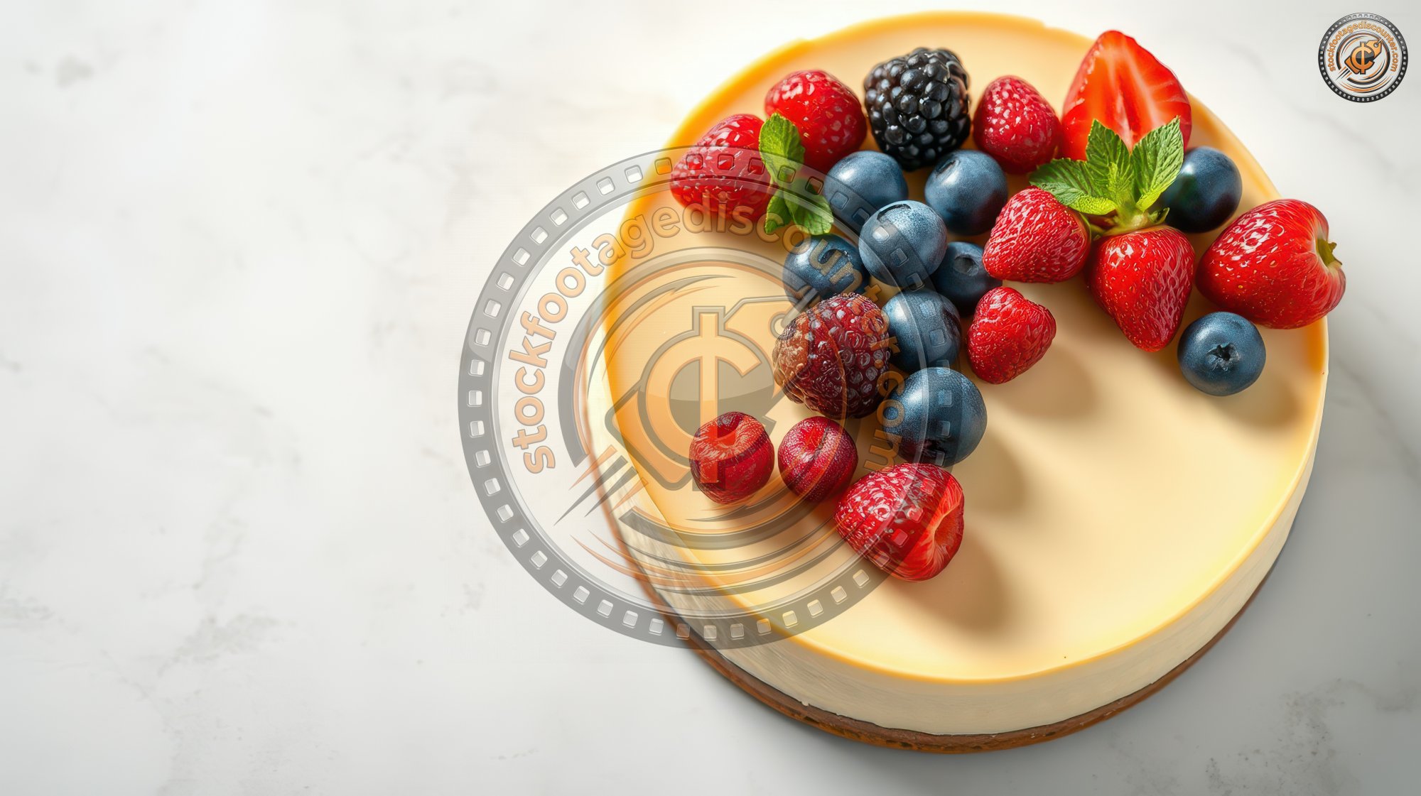 Creamy cheesecake topped with fresh berries on a marble countertop during daytime