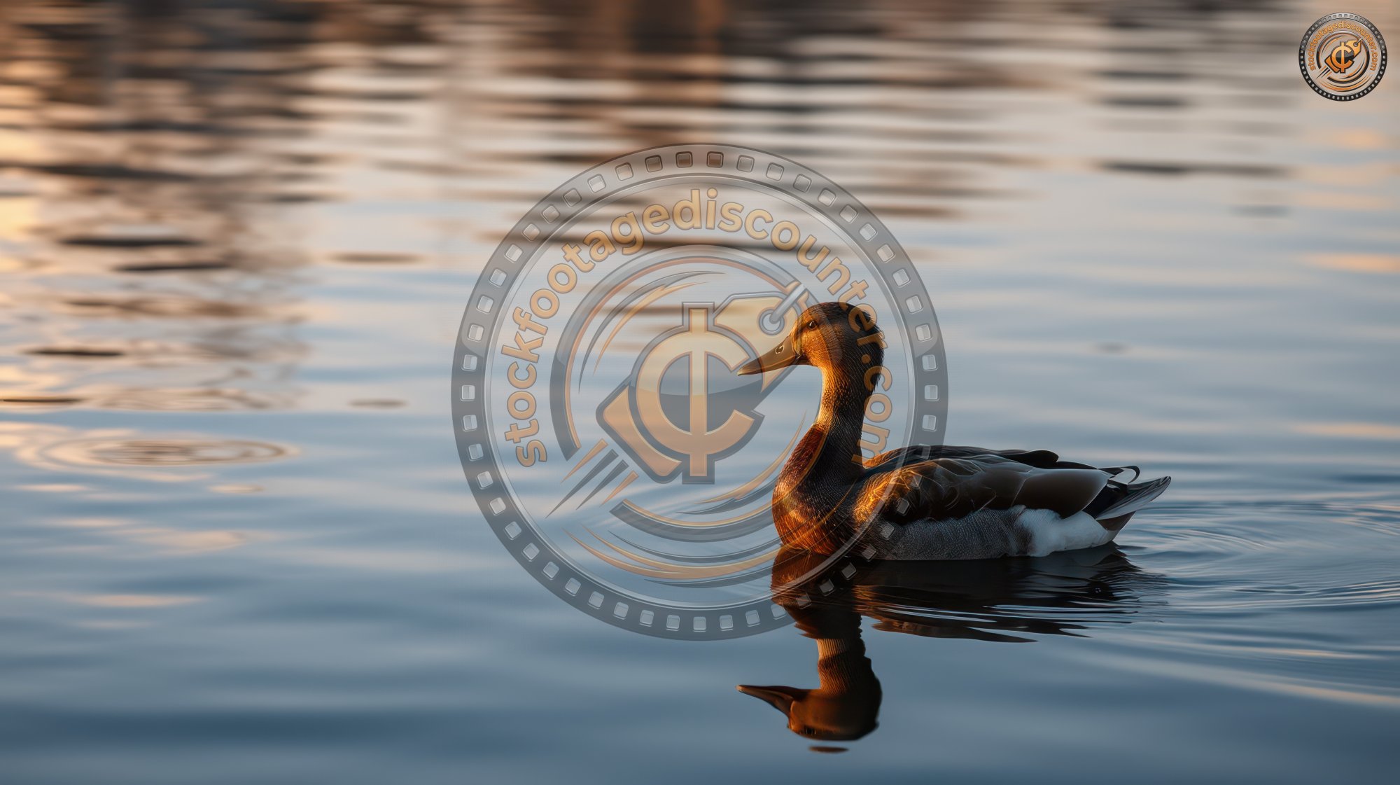 Duck swims peacefully on a calm lake during sunset reflecting warm colors of golden hour
