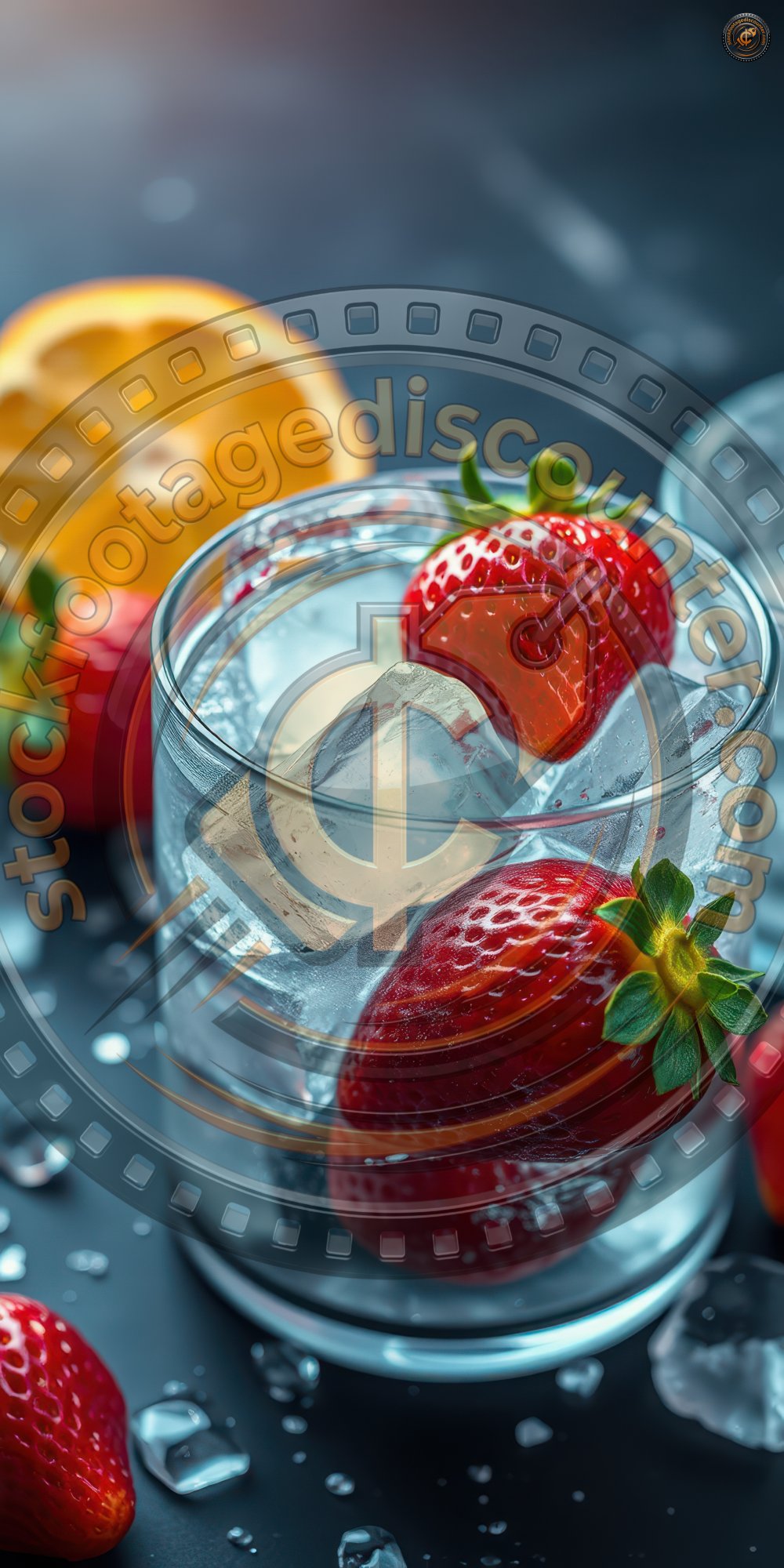 Refreshing summer drink with strawberries and ice on a dark countertop